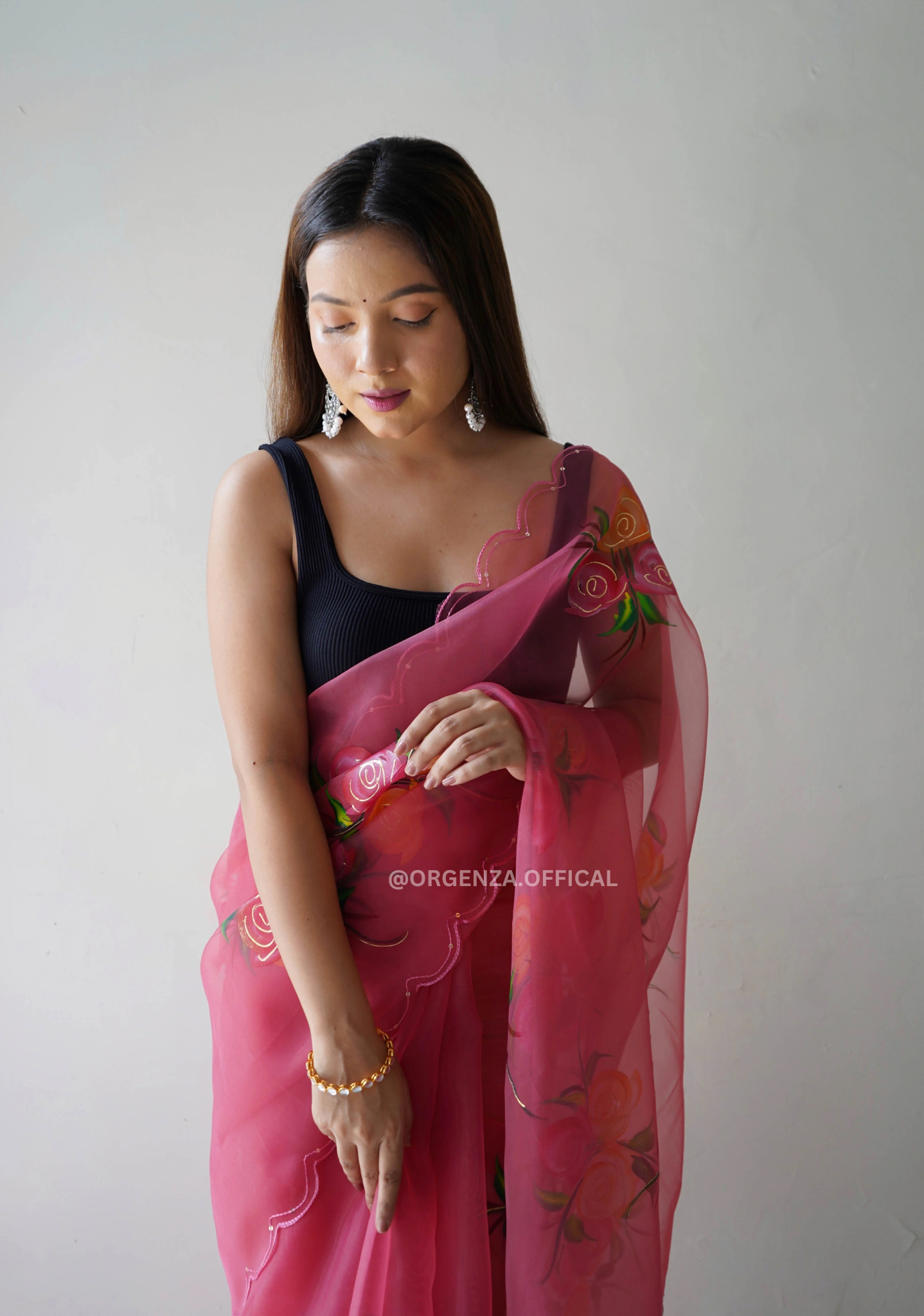 Peach Hand Print Organza Saree - Orgenza Store