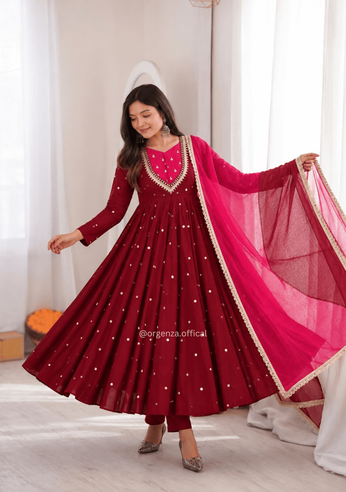 Maroon Pink Roman Silk Mirror Work Anarkali Suit Set