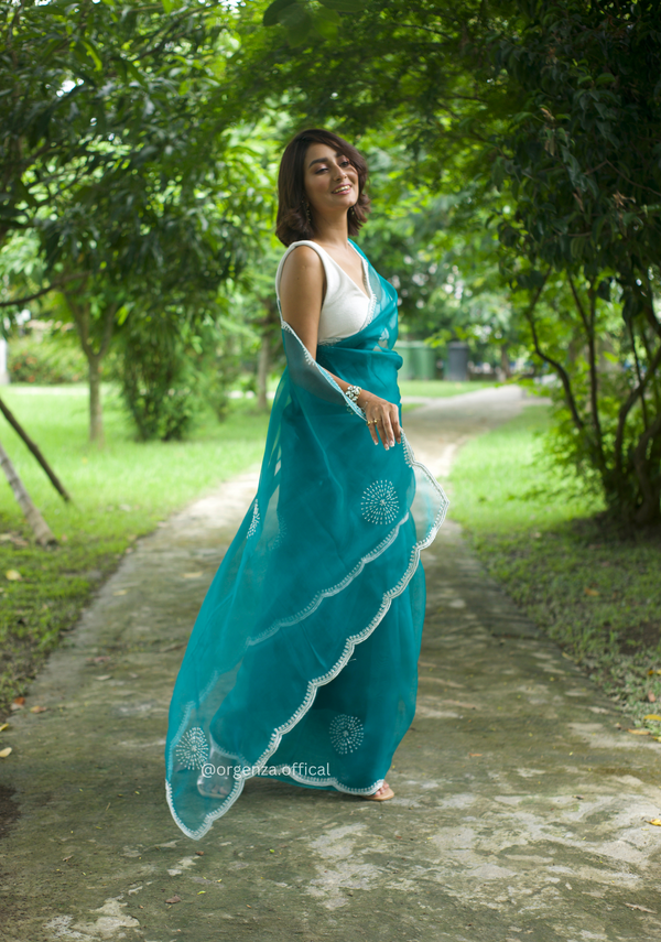 C Green Colour Organza Saree With Hand Work