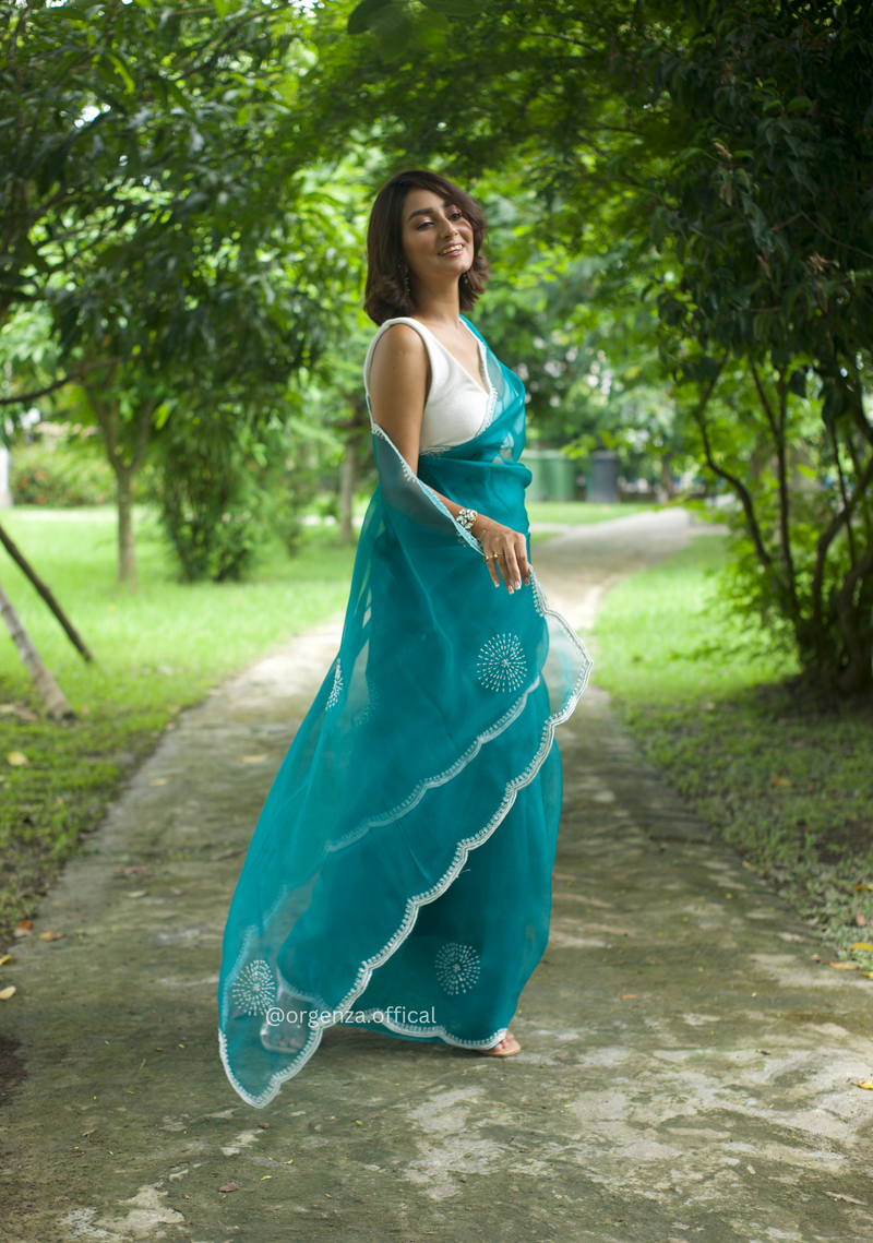 C Green Colour Organza Saree With Hand Work
