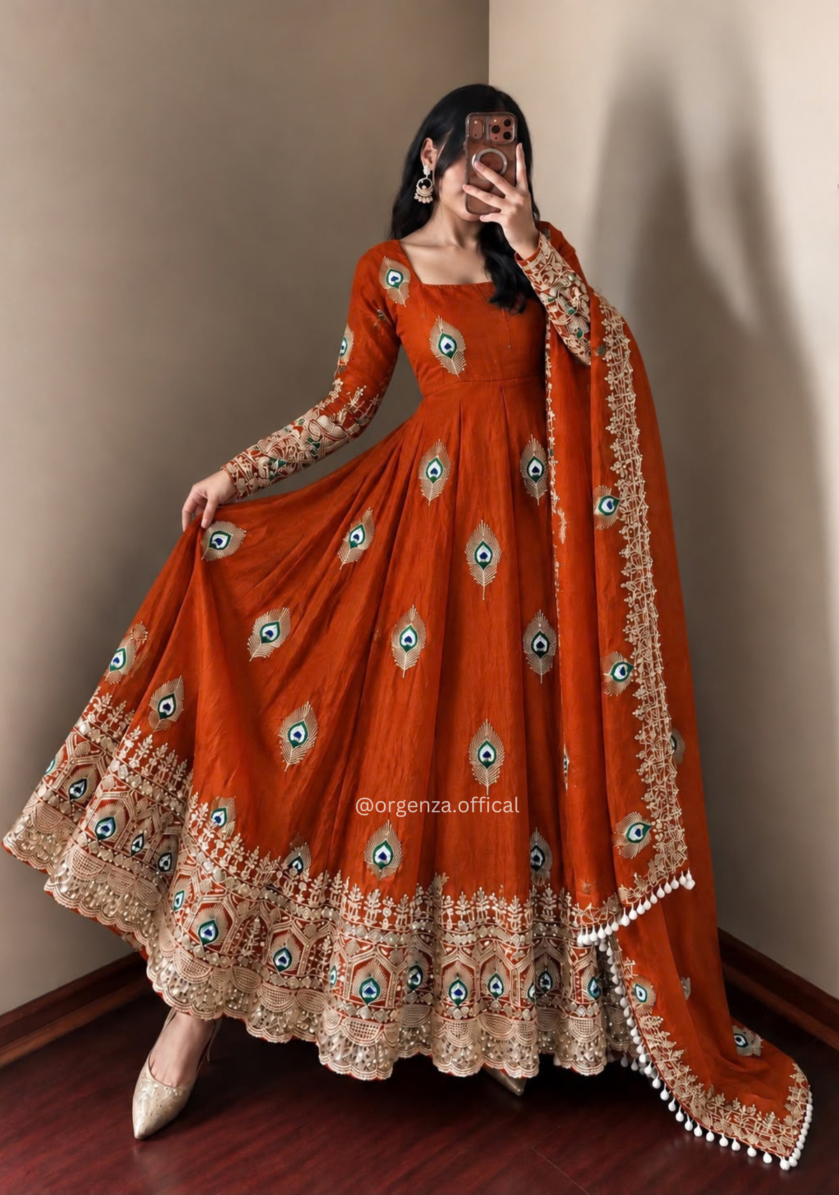 Rust Fendy Silk Sequin Embroidered Gown Set