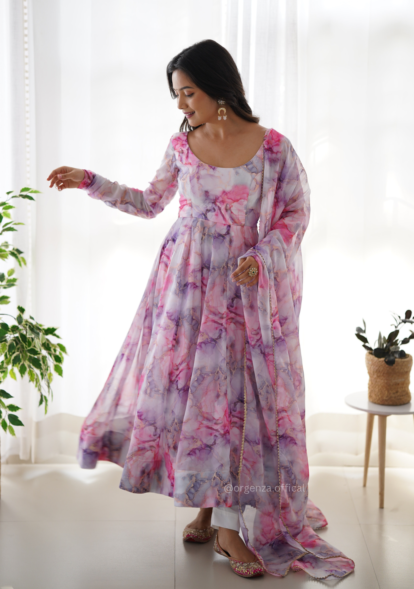 Pure Organza Floral Marble Printed Anarkali Kurti - Orgenza Store