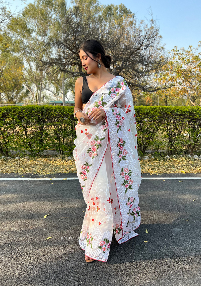 White Colour Organza Saree With Kashmiri Thread Work