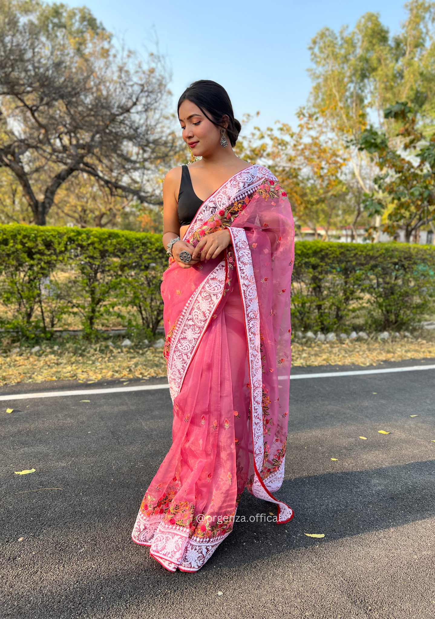 Pink Color Organza Saree With Chikankari Work - Orgenza Store
