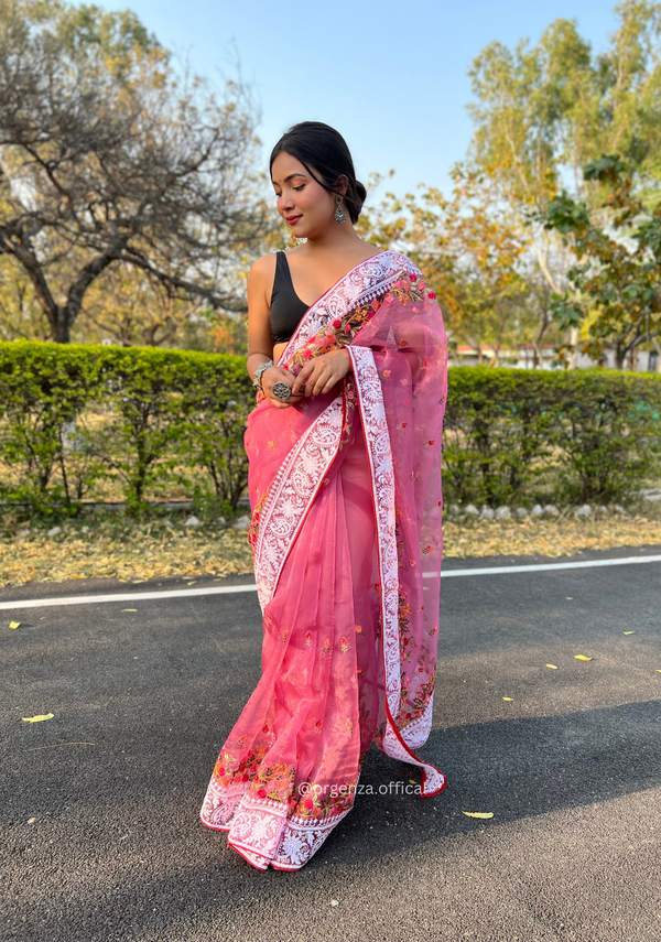 Pink Color Organza Saree With Chikankari Work