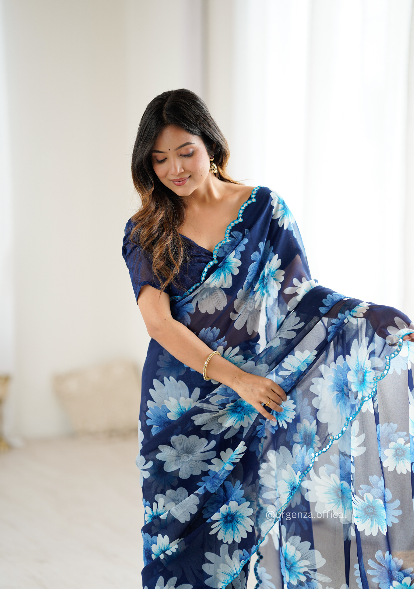 Blue Colour Georgette Printed Mirror Saree