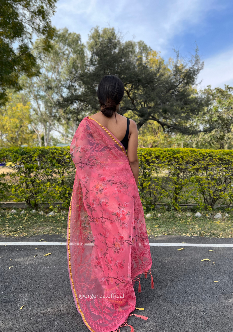 Pink Colour Organza Silk Saree With Thread Work