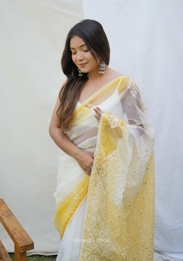 Yellow Organza Saree With Viscous Thread Work