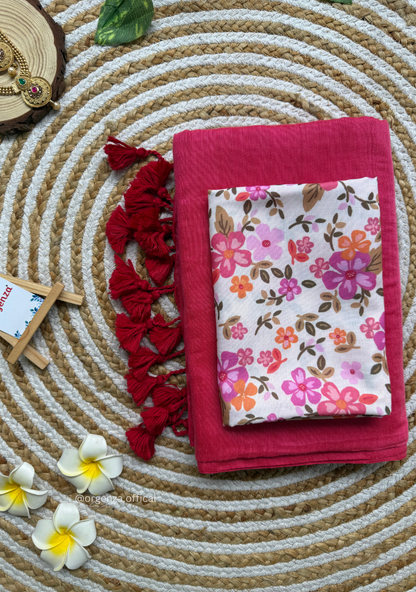 Pink Colour Cotton Saree With White Pink Flower Print Blouse