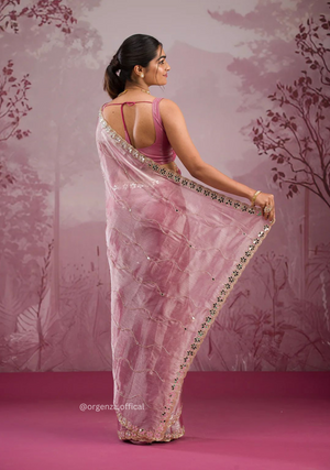 Baby Pink Colour Jimmy Choo Saree With Mirror Work - Orgenza Store
