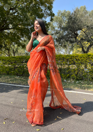 Orange Colour Organza Saree With Handwork - Orgenza Store - digisoch