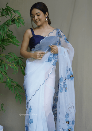 White Colour Organza Saree With Handwork - Orgenza Store - digisoch