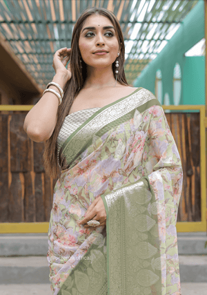 Green Georgette Saree With Viscose Border - Orgenza Store