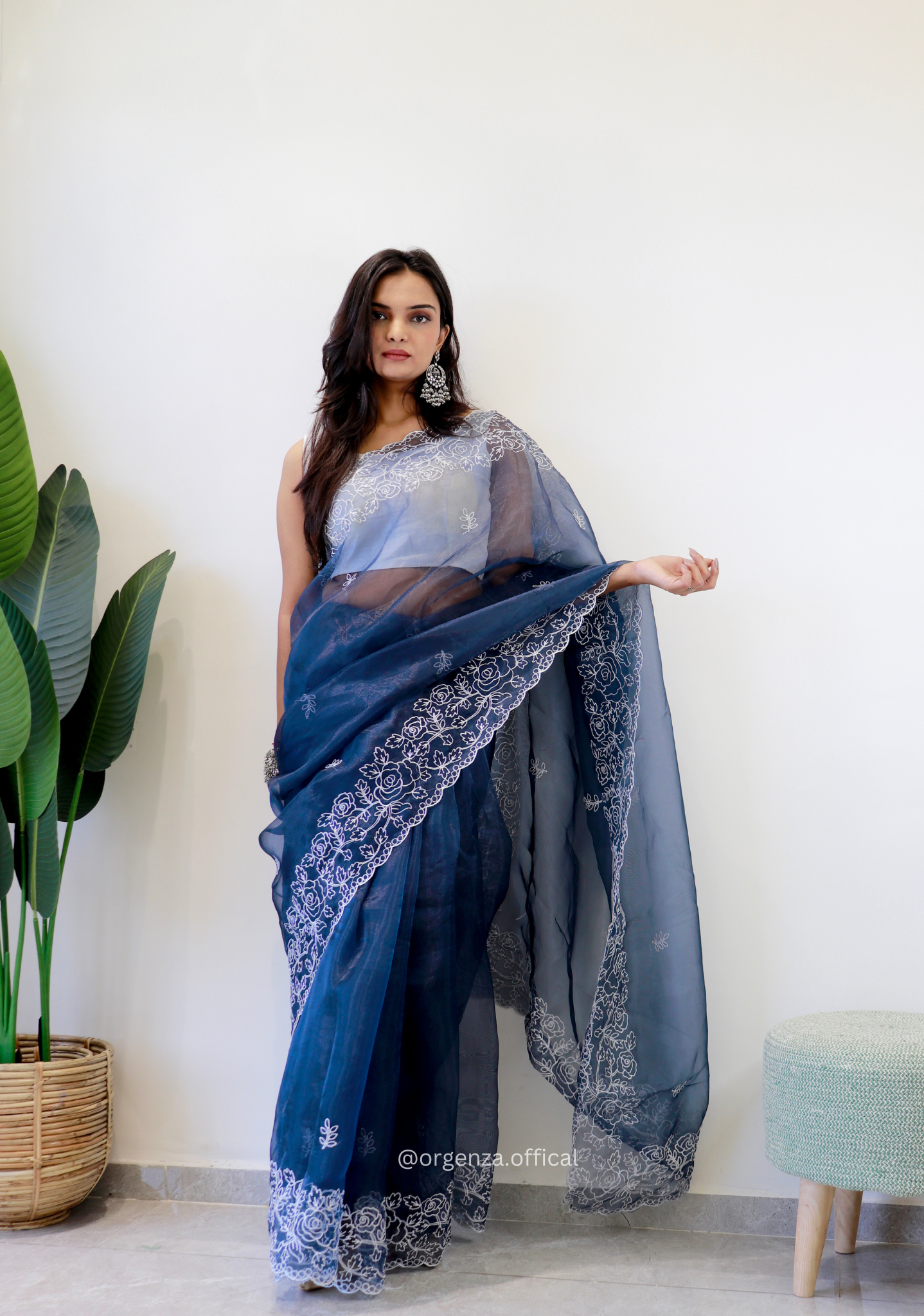 Dark Blue Colour Embroidery Thread Work Saree - Orgenza Store