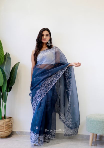 Dark Blue Colour Embroidery Thread Work Saree - Orgenza Store