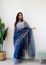 Dark Blue Colour Embroidery Thread Work Saree