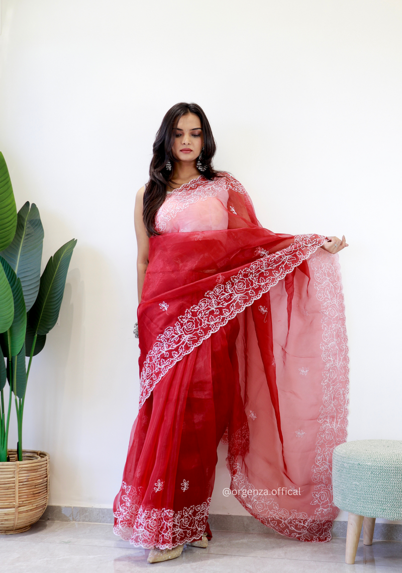 Red Colour Embroidery Thread Work Saree