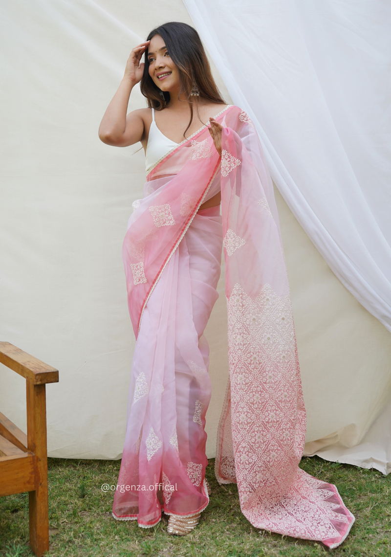 Peach Organza Saree With Viscous Thread Work