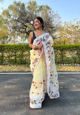 Yellow Colour Organza Saree With Kashmiri Thread Work