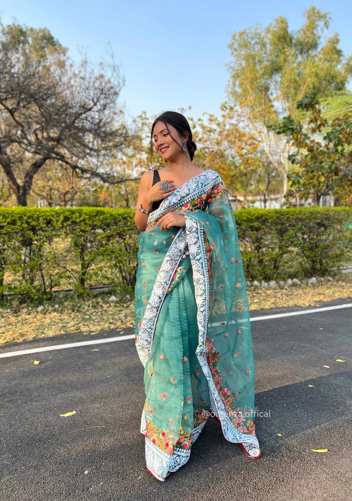 Teal Organza Saree With Chikankari Work - Orgenza Store - digisoch