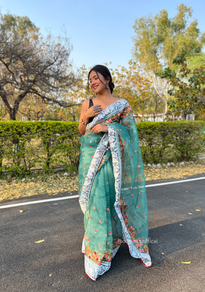 Teal Organza Saree With Chikankari Work - Orgenza Store - digisoch