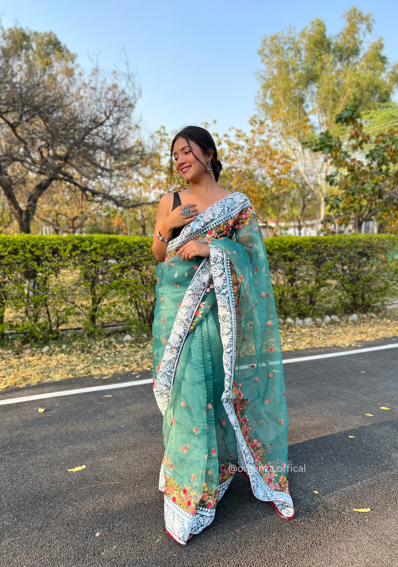 Teal Organza Saree With Chikankari Work