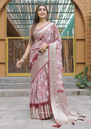 Peach Georgette Saree With Viscose Border - Orgenza Store
