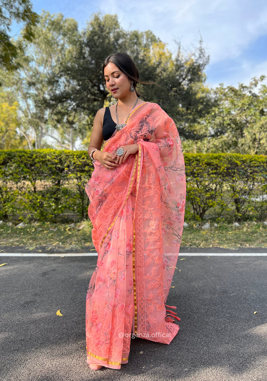 Peach Colour Organza Silk Saree With Thread Work - Orgenza Store