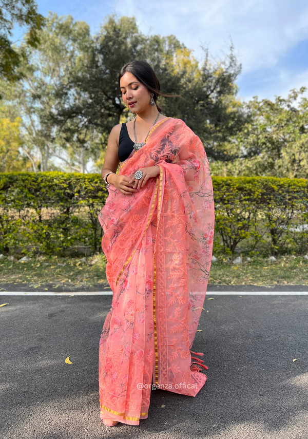 Peach Colour Organza Silk Saree With Thread Work