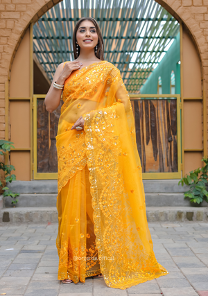 Yellow Soft Organza Saree With Sequence Work - Orgenza Store