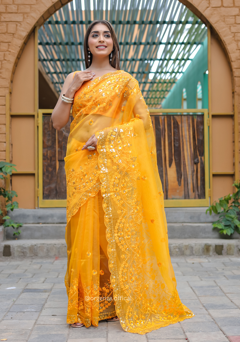 Yellow Soft Organza Saree With Sequence Work