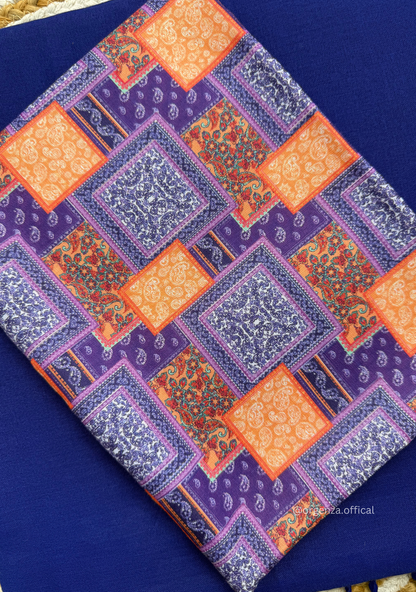 Blue Colour Cotton Saree With Square Design Print Blouse