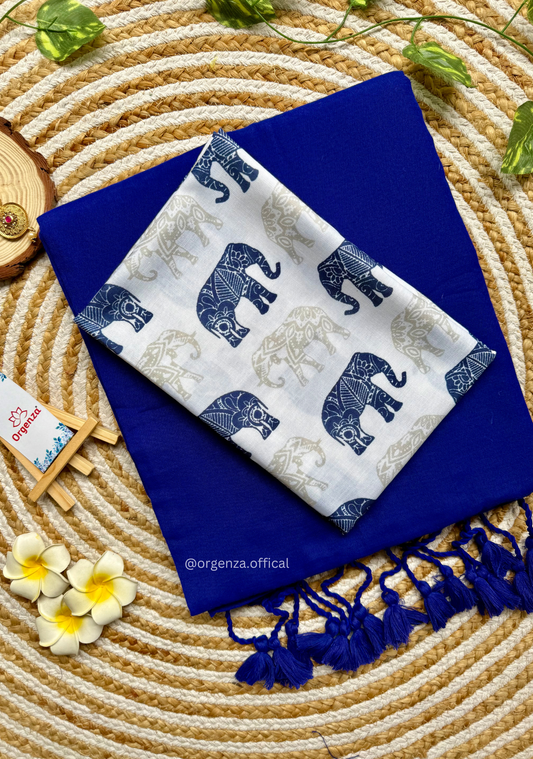 Blue Colour Cotton Saree With Elephant Print Blouse