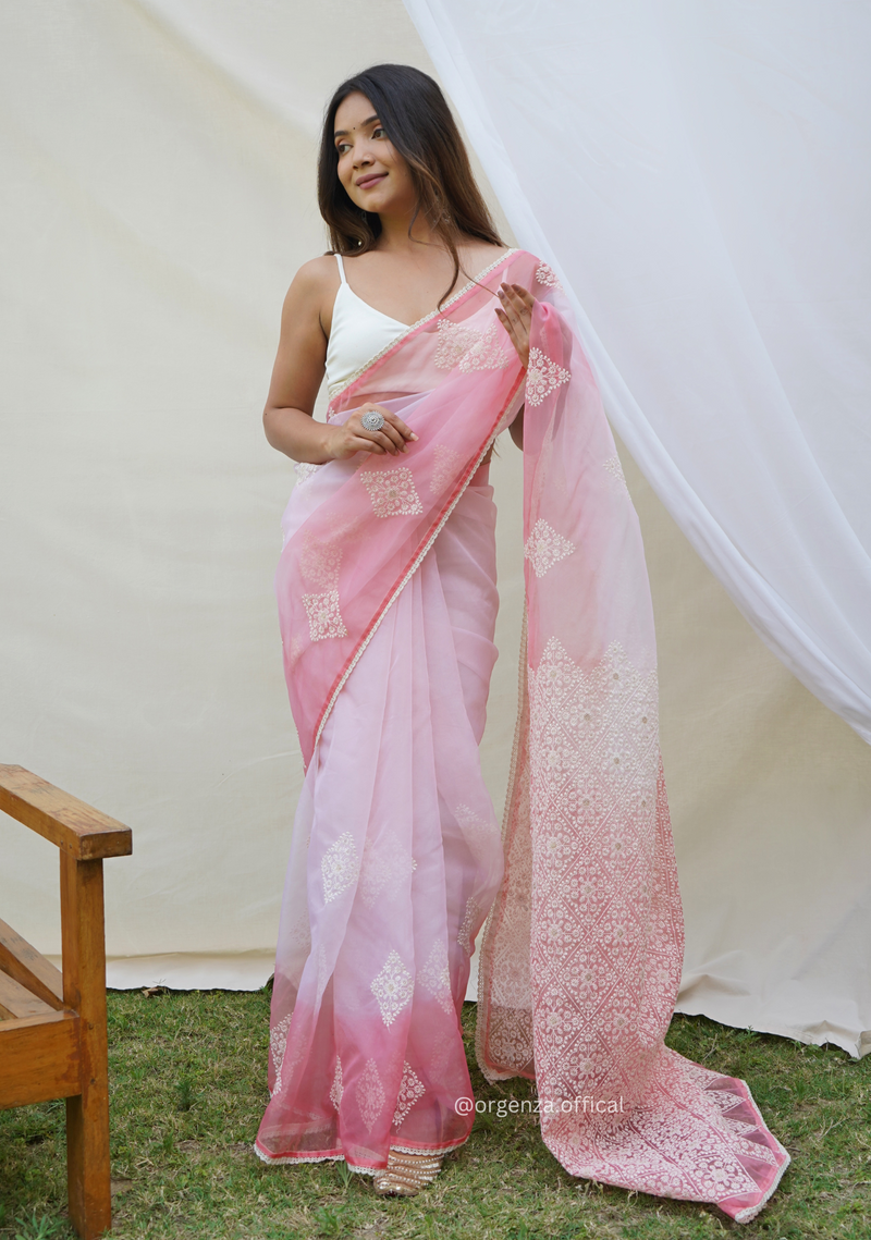 Peach Organza Saree With Viscous Thread Work