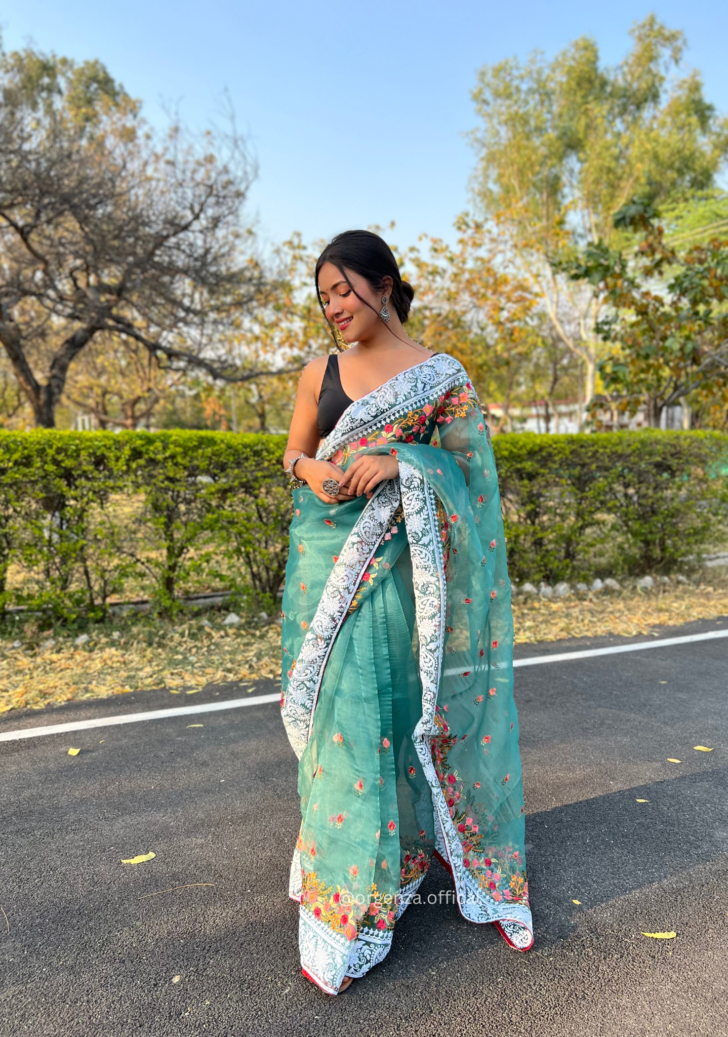 Teal Organza Saree With Chikankari Work - Orgenza Store - digisoch