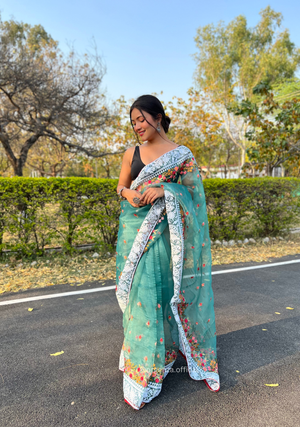 Teal Organza Saree With Chikankari Work - Orgenza Store - digisoch