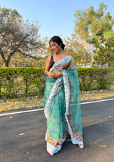 Teal Organza Saree With Chikankari Work