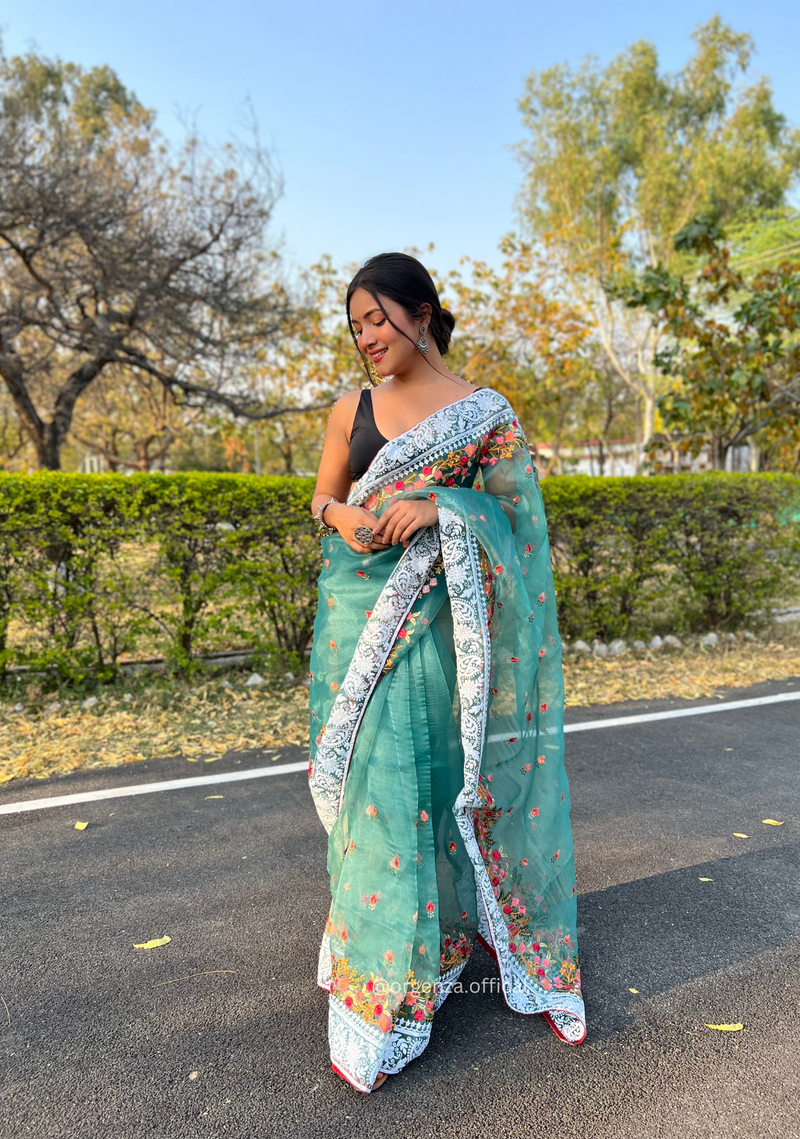 Teal Organza Saree With Chikankari Work