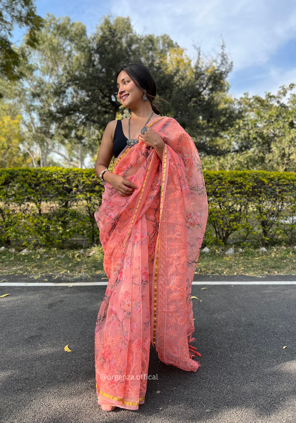 Peach Colour Organza Silk Saree With Thread Work