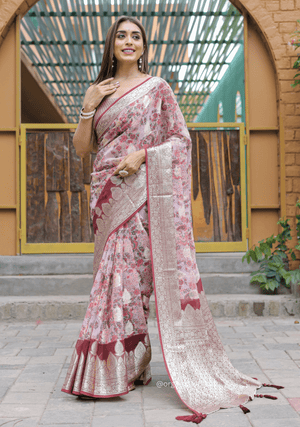 Peach Georgette Saree With Viscose Border - Orgenza Store