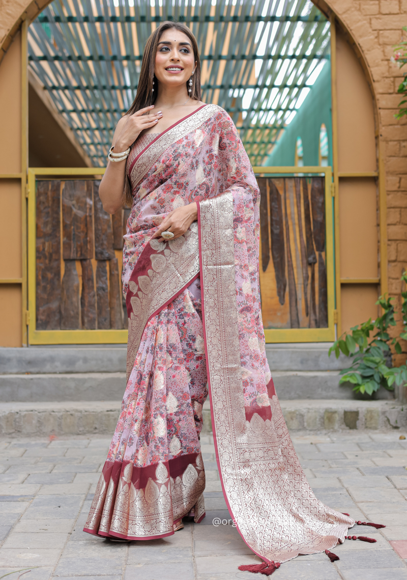 Peach Georgette Saree With Viscose Border