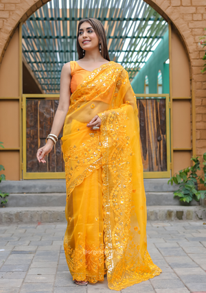 Yellow Soft Organza Saree With Sequence Work - Orgenza Store