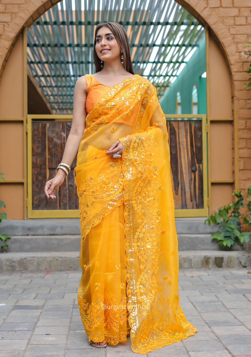 Yellow Soft Organza Saree With Sequence Work