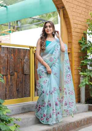 Multi Sky Colour Flower Digital Print Saree - Orgenza Store