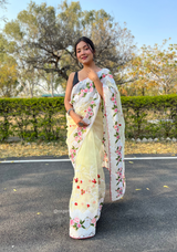 Yellow Colour Organza Saree With Kashmiri Thread Work