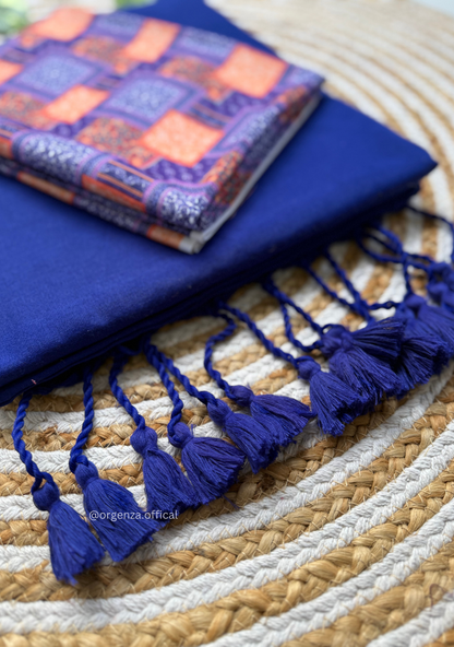 Blue Colour Cotton Saree With Square Design Print Blouse