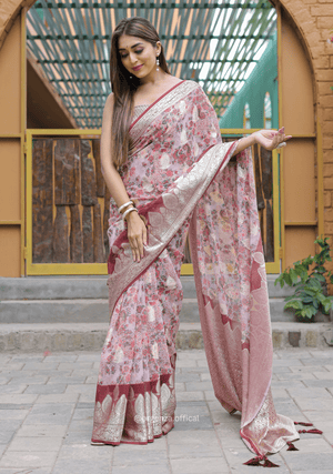 Peach Georgette Saree With Viscose Border - Orgenza Store
