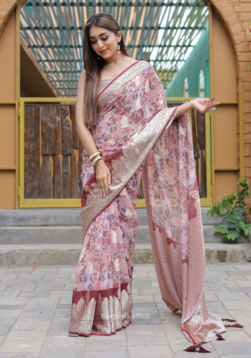 Peach Georgette Saree With Viscose Border