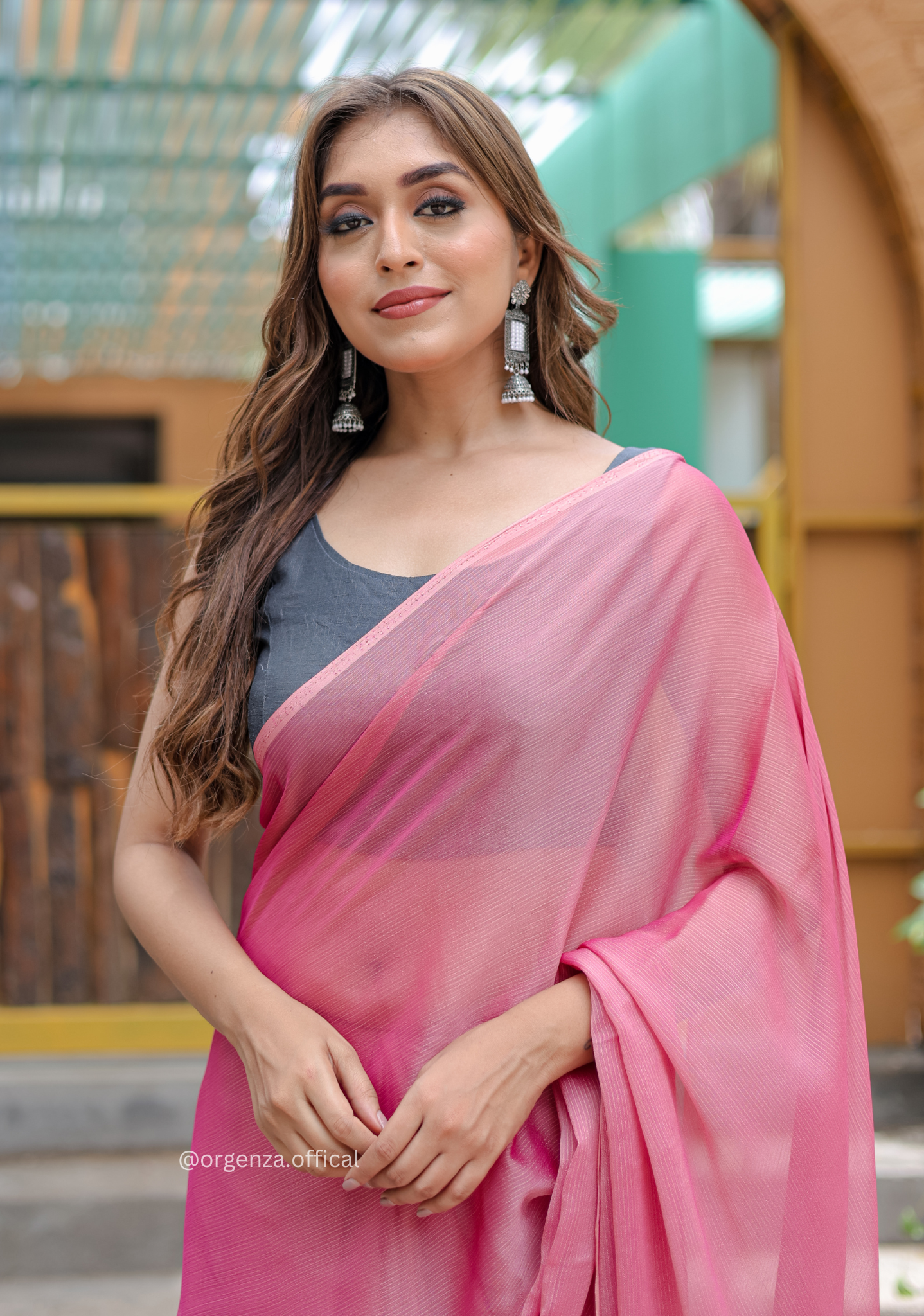 Plain Peach Colour Lining Sitara Georgette Saree - Orgenza Store