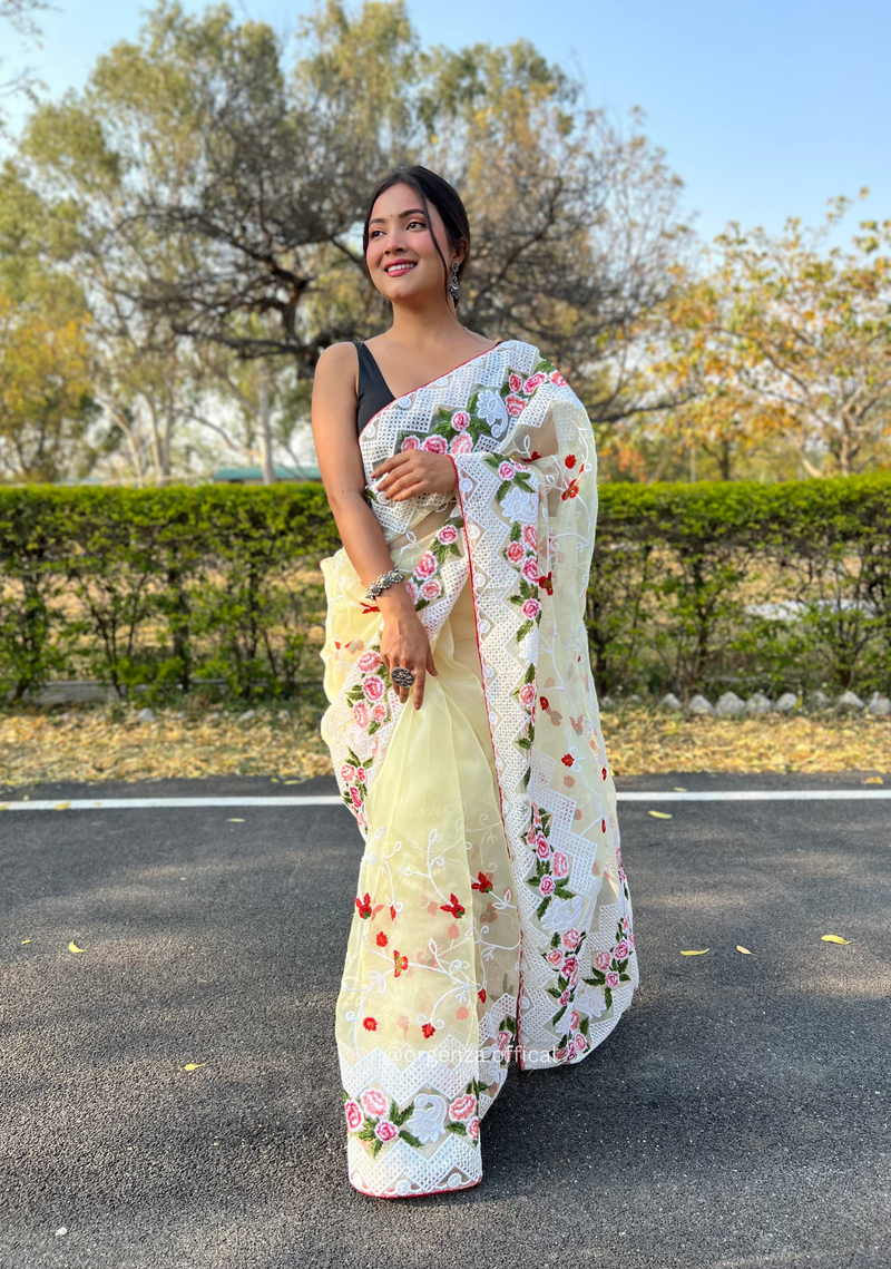 Yellow Colour Organza Saree With Kashmiri Thread Work